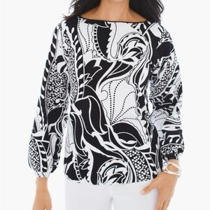 Chicos Elegant Black White Puff Sleeve Women's Top Size 1/US 8